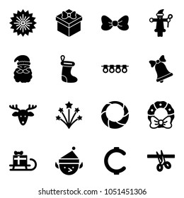Solid vector icon set - firework vector, gift, bow, santa claus, christmas sock, garland, bell, deer, wreath, sleigh, elf, cent, opening
