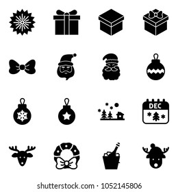 Solid vector icon set - firework vector, gift, bow, santa claus, christmas ball, landscape, calendar, deer, wreath, champagne, hat