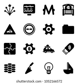 Solid vector icon set - firework vector, diagnostic monitor, monero, money chest, car crash road sign, no overtake, gear, folder, puzzle, managemet, baggage, usb wi fi, carbon, trowel, bulb