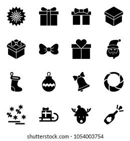 Solid vector icon set - firework vector, gift, bow, santa claus, christmas sock, ball, bell, wreath, sale, sleigh, deer hat, fizz opening