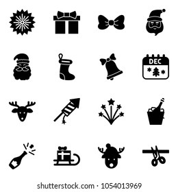 Solid vector icon set - firework vector, gift, bow, santa claus, christmas sock, bell, calendar, deer, rocket, champagne, sleigh, hat, opening