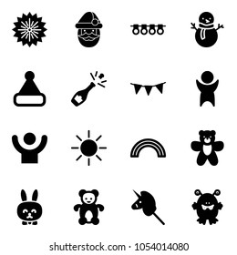 Solid vector icon set - firework vector, santa claus, garland, snowman, christmas hat, champagne, flag, success, sun, rainbow, bear toy, rabbit, unicorn stick, monster