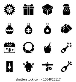 Solid vector icon set - firework vector, gift, santa claus, christmas ball, gloves, calendar, wreath, champagne, mobile, deer hat, opening, fizz