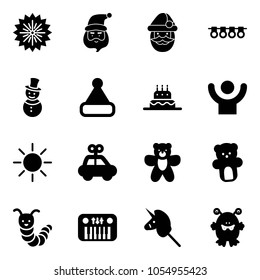 Solid vector icon set - firework vector, santa claus, garland, snowman, christmas hat, cake, success, sun, car toy, bear, caterpillar, piano, unicorn stick, monster