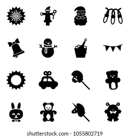 Solid vector icon set - firework vector, santa claus, garland, bell, snowman, champagne, flag, sun, car toy, horse stick, bear, rabbit, unicorn, monster