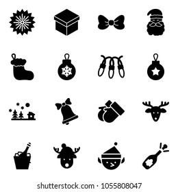 Solid vector icon set - firework vector, gift, bow, santa claus, christmas sock, ball, garland, landscape, bell, gloves, deer, champagne, hat, elf, fizz opening