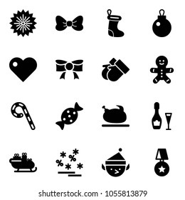 Solid vector icon set - firework vector, bow, christmas sock, heart, gloves, cake man, lollipop, candy, turkey, wine, santa sleigh, sale, elf, star medal