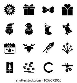 Solid vector icon set - firework vector, gift, bow, santa claus, christmas sock, bell, calendar, deer, rocket, mobile, sale, cent, opening