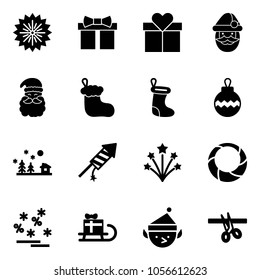 Solid vector icon set - firework vector, gift, santa claus, christmas sock, ball, landscape, rocket, wreath, sale, sleigh, elf, opening