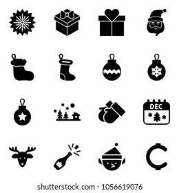 Solid vector icon set - firework vector, gift, santa claus, christmas sock, ball, landscape, gloves, calendar, deer, champagne, elf, cent