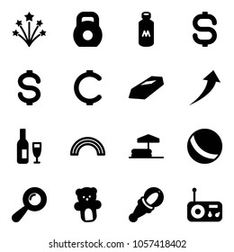 Solid vector icon set - firework vector, weight, milk, dollar sign, cent, gold, growth, wine, rainbow, inflatable pool, ball, beanbag, bear toy, radio