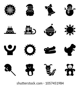 Solid vector icon set - firework vector, santa claus, bell, snowman, cake, sleigh gift, christmas elf, sun, success, crocodile, dinosaur toy, horse stick, bear, caterpillar