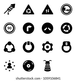 Solid vector icon set - firework rocket vector, round motion road sign, oncoming traffic, no trailer, speed limit 90, only right, detour, circle, social, standby, gear, finger ring, star man, cd