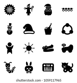 Solid vector icon set - firework vector, santa claus, garland, snowman, christmas hat, champagne, community, success, sun, crocodile, baby car, toy caterpillar, rabbit, piano, cat
