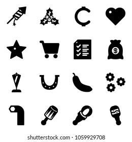 Solid vector icon set - firework rocket vector, holly, cent, heart, star, cart, list, money bag, pennant, luck, banana, flower, allen key, beanbag