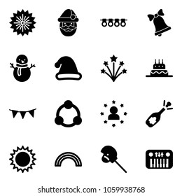 Solid vector icon set - firework vector, santa claus, garland, bell, snowman, christmas hat, cake, flag, community, star man, fizz opening, sun, rainbow, horse stick toy, piano