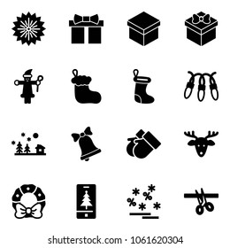 Solid vector icon set - firework vector, gift, santa claus, christmas sock, garland, landscape, bell, gloves, deer, wreath, mobile, sale, opening