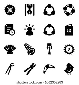 Solid vector icon set - firework vector, pull ups, social, friends, history, idea, community, passport, shell, laser, sun power, plumber, bolt cutter, boomerang, chicken toy