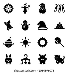 Solid vector icon set - firework vector, santa claus, garland, bell, snowman, christmas hat, cake, elf, sun, horse stick toy, rabbit, baby carousel, monster, cat