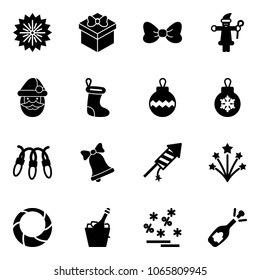 Solid vector icon set - firework vector, gift, bow, santa claus, christmas sock, ball, garland, bell, rocket, wreath, champagne, sale, fizz opening