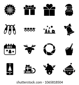 Solid vector icon set - firework vector, gift, santa claus, garland, christmas landscape, bell, calendar, deer, wreath, champagne, mobile, sleigh, hat, elf