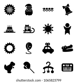 Solid vector icon set - firework vector, santa claus, garland, bell, cake, sleigh gift, sun, success, balloon smile, car toy, crocodile, dinosaur, horse stick, baby carousel, piano