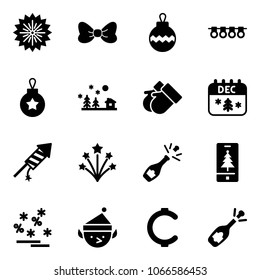 Solid vector icon set - firework vector, bow, christmas ball, garland, landscape, gloves, calendar, rocket, champagne, mobile, sale, elf, cent, fizz opening