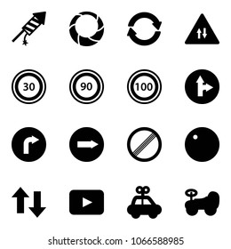 Solid vector icon set - firework rocket vector, christmas wreath, exchange, oncoming traffic road sign, speed limit 30, 90, 100, only forward right, no, record, up down arrows, playback, car toy