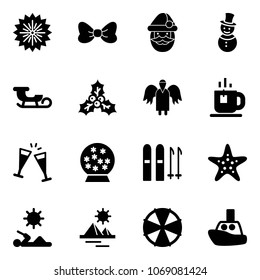 Solid vector icon set - firework vector, bow, santa claus, snowman, sleigh, holly, angel, tea, wine glasses, snowball, ski, starfish, reading, pyramid, parasol, toy boat