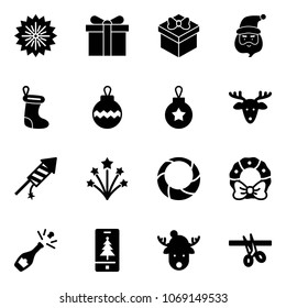 Solid vector icon set - firework vector, gift, santa claus, christmas sock, ball, deer, rocket, wreath, champagne, mobile, hat, opening