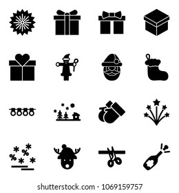 Solid vector icon set - firework vector, gift, santa claus, christmas sock, garland, landscape, gloves, sale, deer hat, opening, fizz