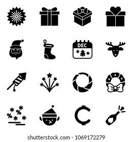 Solid vector icon set - firework vector, gift, santa claus, christmas sock, calendar, deer, rocket, wreath, sale, elf, cent, fizz opening