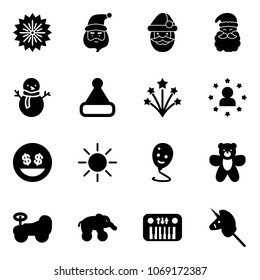 Solid vector icon set - firework vector, santa claus, snowman, christmas hat, star man, money smile, sun, balloon, bear toy, baby car, elephant wheel, piano, unicorn stick