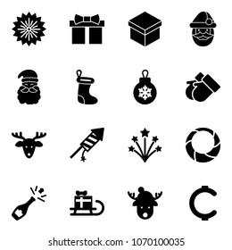Solid vector icon set - firework vector, gift, santa claus, christmas sock, ball, gloves, deer, rocket, wreath, champagne, sleigh, hat, cent