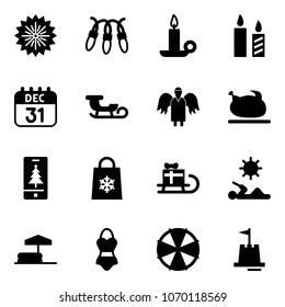 Solid vector icon set - firework vector, garland, candle, 31 dec calendar, sleigh, angel, turkey, christmas mobile, shop bag snowflake, gift, reading, inflatable pool, swimsuit, parasol, sand castle