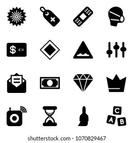 Solid vector icon set - firework vector, medical label, patch, mask, credit card, main road sign, rough, settings, opened mail, money, diamond, crown, wireless speaker, sand clock, brush, abc cube