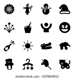 Solid vector icon set - firework vector, santa claus, snowman, christmas hat, champagne, success, money smile, fizz opening, sun, crocodile, elephant wheel, bear toy, baby carousel, unicorn stick