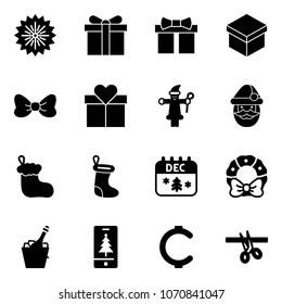 Solid vector icon set - firework vector, gift, bow, santa claus, christmas sock, calendar, wreath, champagne, mobile, cent, opening