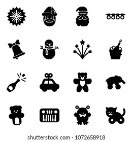 Solid vector icon set - firework vector, santa claus, garland, bell, snowman, champagne, car toy, bear, elephant wheel, piano, monster, cat