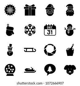 Solid vector icon set - firework vector, gift, santa claus, christmas glove, snowflake, 31 dec calendar, snowman, sleigh, wreath, champagne, snowball, snowmobile, merry message, dog
