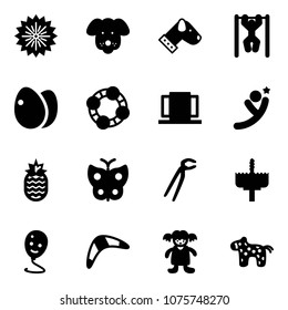 Solid vector icon set - firework vector, dog, pull ups, eggs, friends, doors, flying man, pineapple, butterfly, plumber, crown drill, balloon smile, boomerang, doll, toy horse