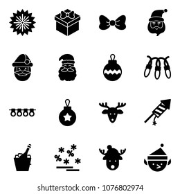 Solid vector icon set - firework vector, gift, bow, santa claus, christmas ball, garland, deer, rocket, champagne, sale, hat, elf