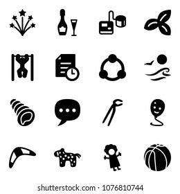 Solid vector icon set - firework vector, wine, tonometer, three leafs, pull ups, history, community, waves, shell, chat, plumber, balloon smile, boomerang, toy horse, doll, basketball
