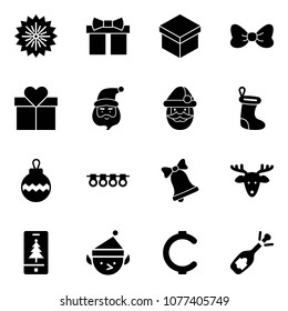 Solid vector icon set - firework vector, gift, bow, santa claus, christmas sock, ball, garland, bell, deer, mobile, elf, cent, fizz opening