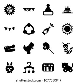 Solid vector icon set - firework vector, garland, christmas hat, cake, flag, community, fizz opening, sun, crocodile, dinosaur toy, horse stick, caterpillar, rabbit, baby carousel, piano, cat