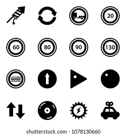 Solid vector icon set - firework rocket vector, exchange, no trailer road sign, speed limit 20, 60, 80, 90, 130, customs, only forward, play, record, up down arrows, cd, sun power, car toy