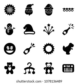 Solid vector icon set - firework vector, santa claus, garland, snowman, christmas hat, champagne, money smile, fizz opening, sun, dinosaur toy, bear, baby carousel, piano