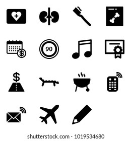 Solid vector icon set - first aid kit vector, kidneys, tooth brush, x ray, calendar, speed limit 90 road sign, music, certificate, dollar, lounger, grill, remote control, wireless mail, plane
