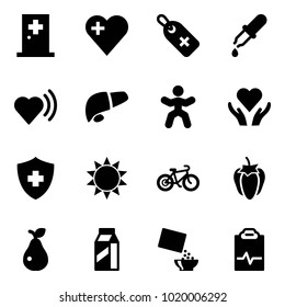 Solid vector icon set - first aid room vector, heart, medical label, pipette, beat, liver, gymnastics, care, sun, bike, sweet pepper, pear, milk, cereal, pulse clipboard