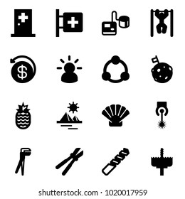 Solid vector icon set - first aid room vector, tonometer, pull ups, money back, idea, community, moon flag, pineapple, pyramid, shell, laser, plumber, bolt cutter, drill, crown